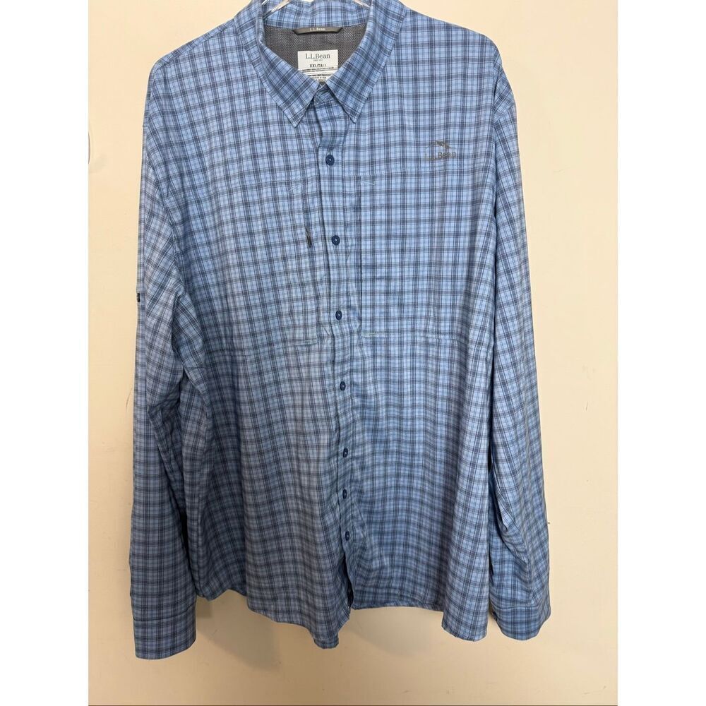 L.L. Bean Men’s Tropic-Weight II Vented Button-Front Shirt XXL Tall Blue Check O